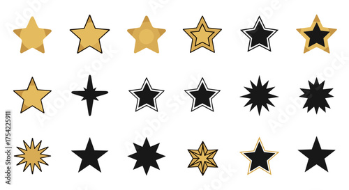 Set of gold and black star icons. Vector collection of various star shapes for rating, award, or decoration. Golden favorite symbol, sparkle, and twinkle element design.