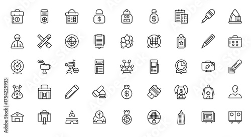 Universal thin line icon collection for business, finance, and technology. Modern vector symbols for office, science, web, and mobile app UI UX design. Editable stroke pictograms.