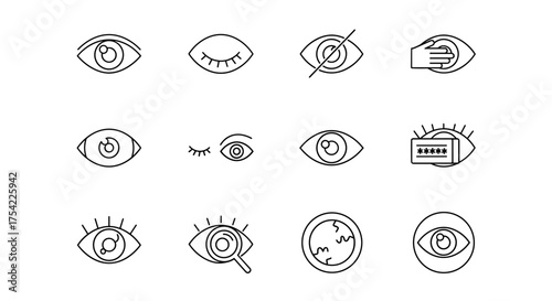 Set of eye line icons. Concepts of vision, sight, looking, blindness, security, privacy, password, search, view, medical check, ophthalmology. Simple vector illustration.