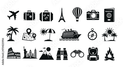 Travel icon set. Vacation, journey, adventure symbols. Plane, luggage, passport, camera, map, landmarks. Eiffel Tower, Colosseum. Summer holiday, beach, camping icons.