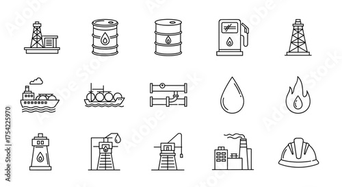 Oil and gas industry line icon set. Vector pictograms for petroleum extraction, energy production, fossil fuel, and power generation. Includes derrick, barrel, tanker, pipeline, refinery.