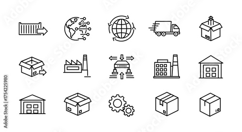 Logistics and supply chain management line icon set. Global distribution, freight transport, manufacturing process. Icons for delivery, warehouse, factory, container, package.