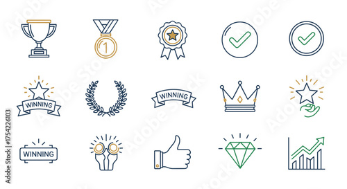 Award and achievement line icons. Includes trophy, medal, success, quality, winner, victory, champion, prize, check mark, thumbs up, diamond, crown, and business growth symbols.