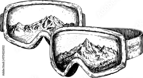 Vintage ski goggles with snowy mountain views. Detailed vector illustration emphasizing outdoor adventure and winter sports themes.