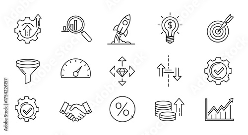 Startup and business development thin line icon set. Data analysis, financial investment, sales funnel, and target achievement. Efficiency, quality control, and growth.