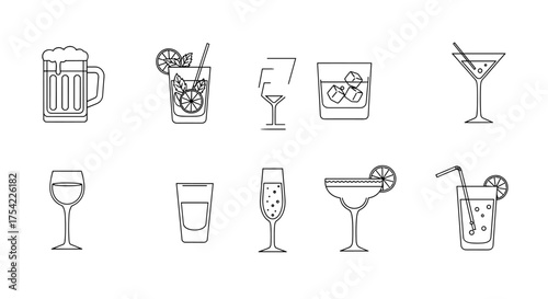Alcohol drink and cocktail line art icon set. Vector collection for bar menu includes beer, wine, whiskey, martini, margarita, mojito, champagne, shot glass and broken glass.