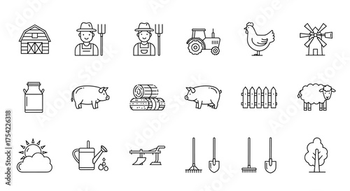 Farming and agriculture line icon set. Vector symbols of rural life. Includes farmer, tractor, barn, windmill, pig, sheep, chicken, plow, and other farm tools and equipment.