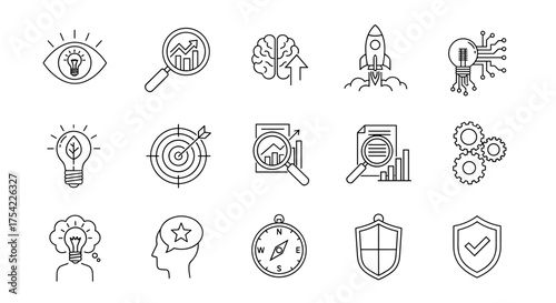 Business innovation and startup concepts icon set. Icons for growth strategy, data analysis, creative idea, project launch, goal achievement, and new technology development.