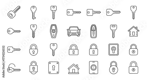 Vector Set of Security Keys, Locks, House and Car Key Fobs, Keyholes, and Padlock Icons, Outline Safety and Access Control Symbols, Home and Vehicle Protection Elements