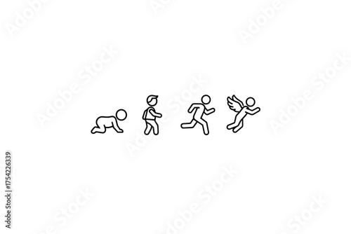 Human growth stages icon set, crawling, walking, running, flying with wings, child development and progress pictogram symbols vector