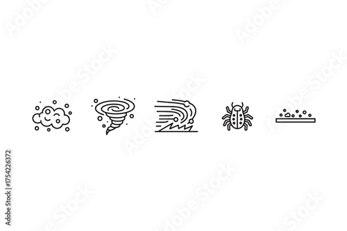 Dust particles and debris icons set. Outline vector illustration of dust cloud, tornado dust whirl, dust storm, dust mite, and dust particles on surface. Airborne dust symbols