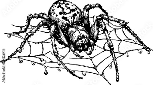 Spider illustration in detailed line drawing style. Vintage black and white vector artwork of a spider on a web with dewdrops, set of illustrations.