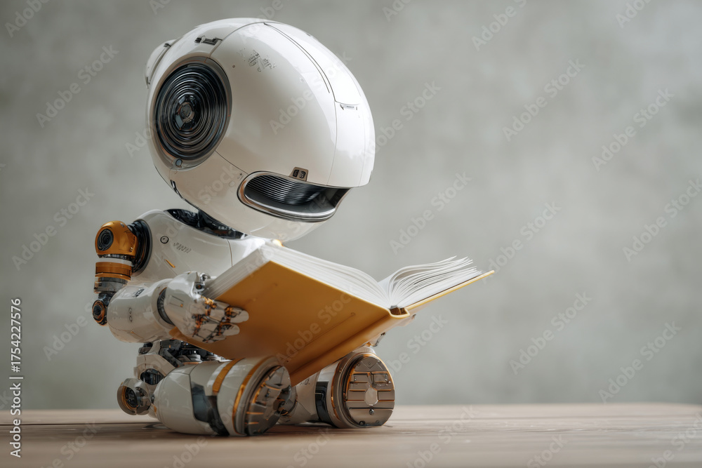 Fototapeta premium Small child robot sits on the floor and reading glowing book in futuristic library. Concept of artificial intelligence, machine learning and knowledge