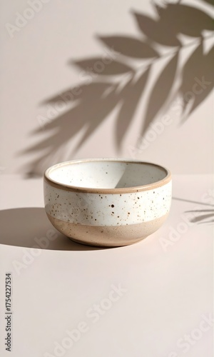 Empty Handmade Ceramic Bowl with Speckled Glaze and Unfinished Base on a Minimalist Beige Table with Abstract Palm Leaf Shadow for Modern Home, Kitchen, and Tableware Concept