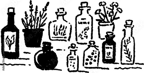 Set of bottles and herbs, featuring lavender and floral elements. Black and white vector illustration ideal for herbal designs.