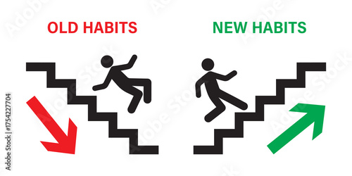 Old habits drag you down and lead to decline and failure. New habits allow you to develop, reach new goals, and achieve victories. Choose a new direction, make choice concept.