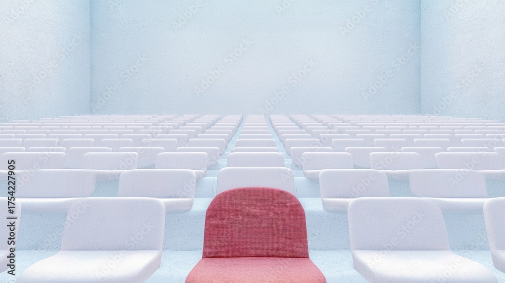 Obraz premium Empty Stadium Seat Empty stadium section captured from a high perspective, rows of seats forming a symmetrical, repeating pattern in a quiet venue.