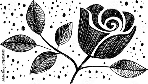 Rose silhouette with leaves in a black outline style. Hand-drawn vector illustration on a textured background, suitable for decorative use.