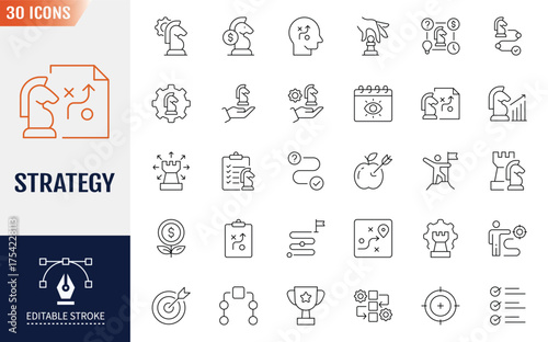 Strategy Line Editable Icons set. Containing icons: tactics, vision, target, and more. Vector illustration