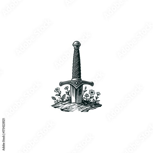 Vintage hand-drawn illustration of a medieval sword plunged into the earth, surrounded by small wildflowers and grass