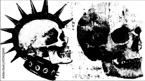 Skull with spikes in vintage engraving style. Black outline vector illustration showcasing punk aesthetic in a retro design set.
