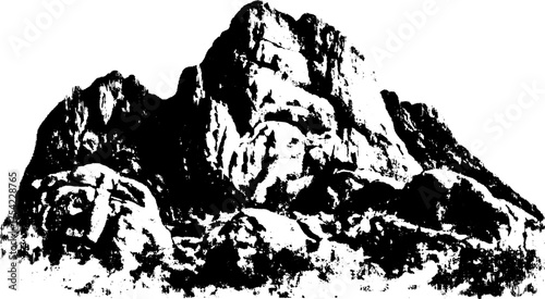 Antique engraving of rocks in a black and white silhouette style. Detailed set illustration with vintage texture serves as a classic vector.