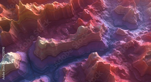 Abstract, colorful layered terrain with varied textures and a gradient color scheme, top-down view