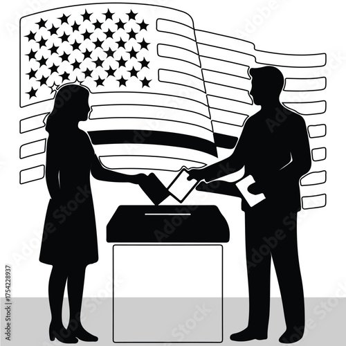 Silhouette of voters casting ballots with American flag in the background