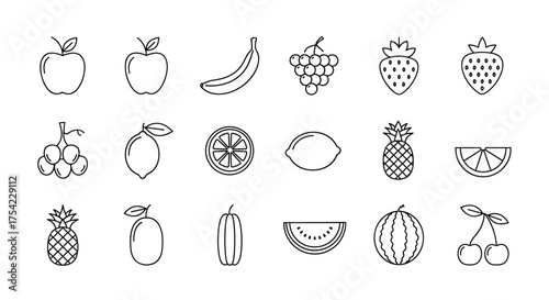 Fruit line icon set. Healthy food symbols. Minimalist pictogram collection for food apps and websites. Apple, banana, grapes, lemon, orange, pineapple, watermelon, cherry.
