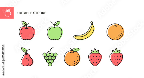 Colorful hand-drawn fruit icons set including red apple, green apple, banana, orange, pear, grapes, and strawberries with editable stroke vector illustrations