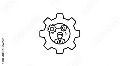 Business management concept icon with person and gear wheels, productivity symbol, teamwork and process optimization line art, vector business development illustration