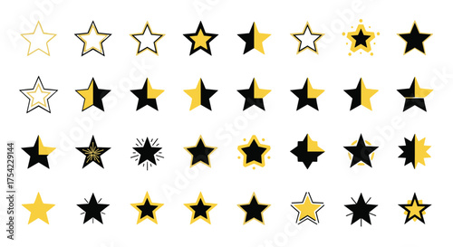 Diverse set of black and gold star icons and shapes, outlined, half-filled, solid, split, glowing, and decorative star illustrations for ratings, awards, and design elements