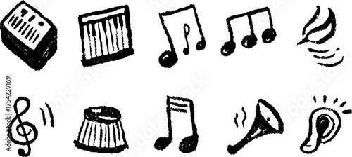 Music instruments and notes. Simple black sketch vector illustration set for artistic themes.