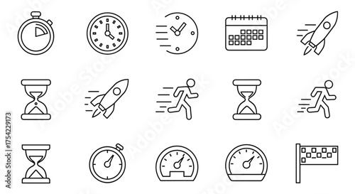Speed and time line icon set. Fast performance concept. Rocket launch, running man, stopwatch, timer, clock, calendar, deadline, finish. Boost productivity. Vector for efficiency.