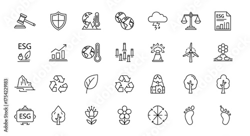 ESG icon set. Environmental, social, and governance concepts. Sustainability, ecology, recycling, green energy, climate change, and corporate responsibility. Thin line vector symbols.