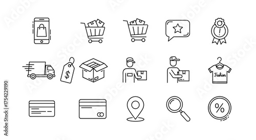E-commerce online shopping icons set with delivery, payment methods, discount, package, shopping cart, and customer service symbols, digital marketing and retail concept vector