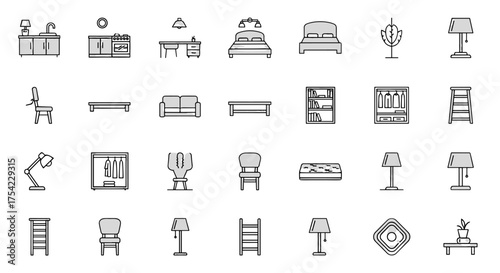 Set of minimalistic home furniture vector icons with kitchen, bedroom, living room, office, and decor elements for interior design, modern household essentials vector graphics