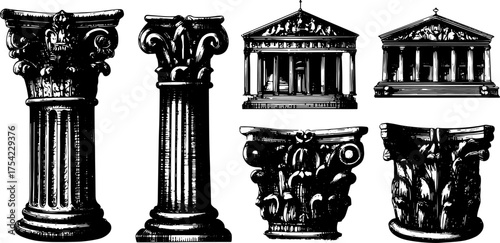 Classic architecture elements, including columns and pillars. Detailed black and white vector illustration, showcasing ornate designs in a set.