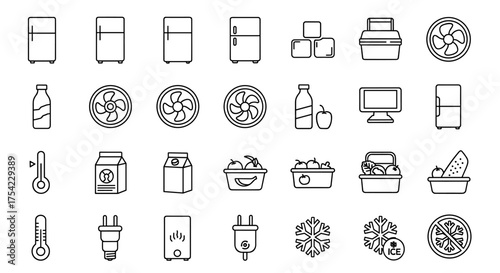 Refrigerator freezer cooler icon set with fresh food baskets, cooling fans, ice cubes, temperature indicators, electric plugs, and cold storage symbols for kitchen and food preservation concepts