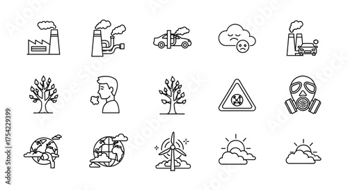 Pollution and Environment Vector Icons Set, Factory Smoke, Exhaust Fumes, Air Pollution Warning, Gas Mask, Global Climate Change, Renewable Wind Energy, Environmental Awareness Symbols