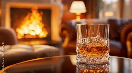 A glass of whiskey and ice on the table. In the background, a fireplace with a bright fire creates a cozy atmosphere.