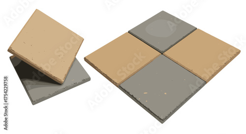 Square concrete paving tiles texture pattern. Gray and beige patio floor tiles. Outdoor garden walkway stone slabs. Decorative building and construction material background. Hardscape surface design.