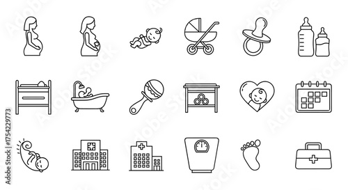 Pregnancy and maternity line icon set. Newborn baby care, childbirth, and mother symbols. Vector icons for hospital, baby shower, and infant products. Stroller, crib, bottle.