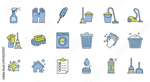 Cleaning service icon set. Housekeeping symbols. Household chores signs. Domestic cleaning tools, laundry, washing, dusting equipment. Mop, vacuum, bucket, spray vector.