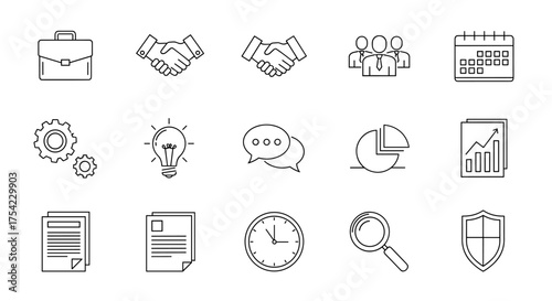 Business line icon set for corporate identity and finance. Vector symbols for partnership, teamwork, idea, growth, analysis, and security. Thin line pictograms for web design.