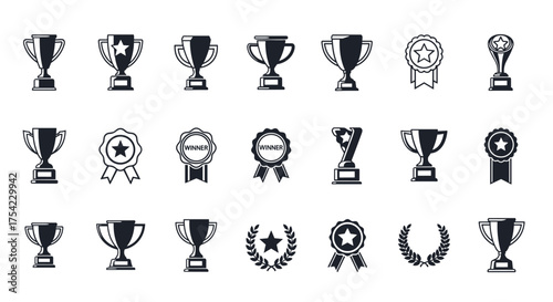 Trophy and award icons set. Winner prize collection. Champion cup, medal, laurel wreath. Victory, success, and achievement symbol. Black glyph silhouette vector illustration.