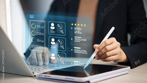 Digital HR recruitment dashboard with candidate profiles and rating on tablet