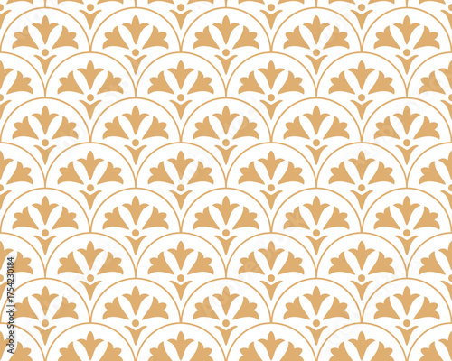 Flower geometric pattern. Seamless vector background. White and golden ornament. Ornament for fabric, wallpaper, packaging. Decorative print