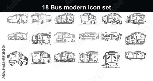 Vector art of 18 bus modern icon set, showcasing different types of buses for public transportation and travel