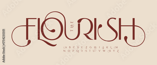 Elegant calligraphy alphabet, decorative swash font, romantic script for wedding logo, chic headline, classic typographic design, luxury typography for perfume, boutique, floral brand. Vector typeset.